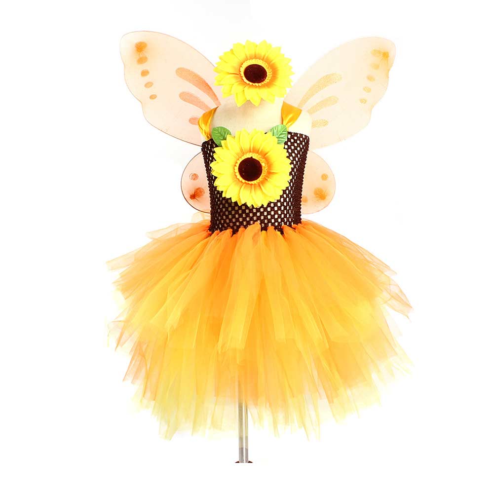 Sunflower Kids Girls Mesh Tutu Yellow Dress 3 Piece Set Cosplay Outfits Halloween Party Suit