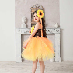 Sunflower Kids Girls Mesh Tutu Yellow Dress 3 Piece Set Cosplay Outfits Halloween Party Suit