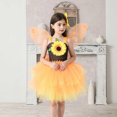 Sunflower Kids Girls Mesh Tutu Yellow Dress 3 Piece Set Cosplay Outfits Halloween Party Suit