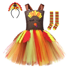 Thanksgiving Day Kids Girls Turkey Mesh Tutu Dress 3 Piece Set Cosplay Outfits Halloween Party Suit