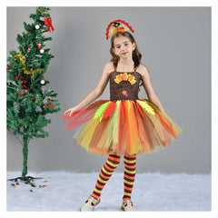 Thanksgiving Day Kids Girls Turkey Mesh Tutu Dress 3 Piece Set Cosplay Outfits Halloween Party Suit