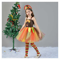 Thanksgiving Day Kids Girls Turkey Mesh Tutu Dress 3 Piece Set Cosplay Outfits Halloween Party Suit