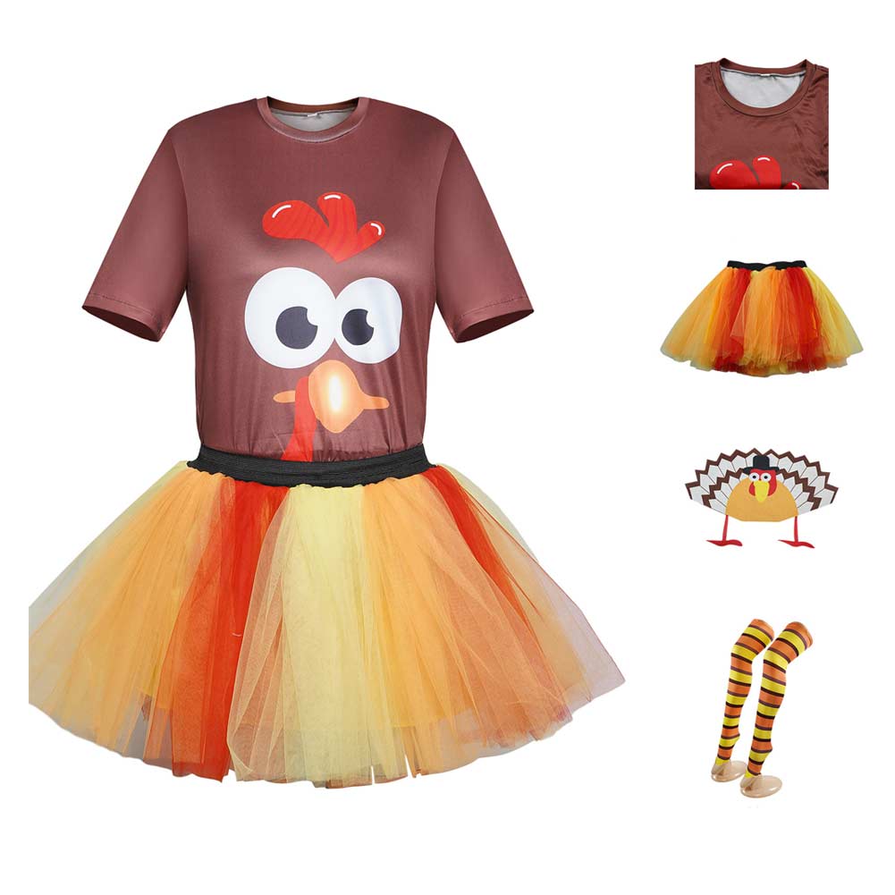 Thanksgiving Day Kids Girls Turkey Mesh Tutu Shirt Skirt 4 Piece Set Cosplay Outfits Halloween Party Suit