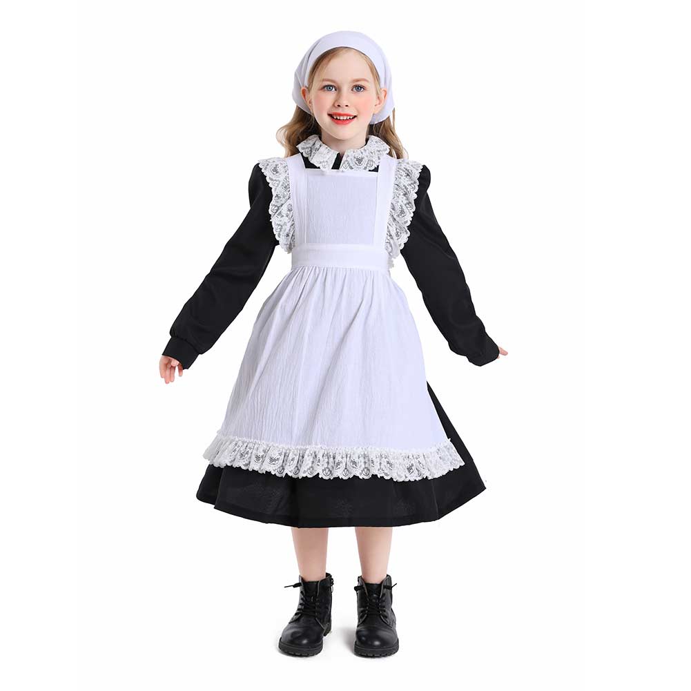 Thanksgiving Retro Kids Girls Colonial Style Black Pastoral Maid Dress Cosplay Outfits Halloween Party Suit