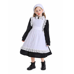 Thanksgiving Retro Kids Girls Colonial Style Black Pastoral Maid Dress Cosplay Outfits Halloween Party Suit