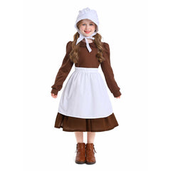 Thanksgiving Retro Kids Girls Colonial Style Brown Pastoral Maid Dress Cosplay Outfits Halloween Party Suit