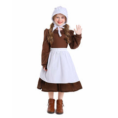 Thanksgiving Retro Kids Girls Colonial Style Brown Pastoral Maid Dress Cosplay Outfits Halloween Party Suit