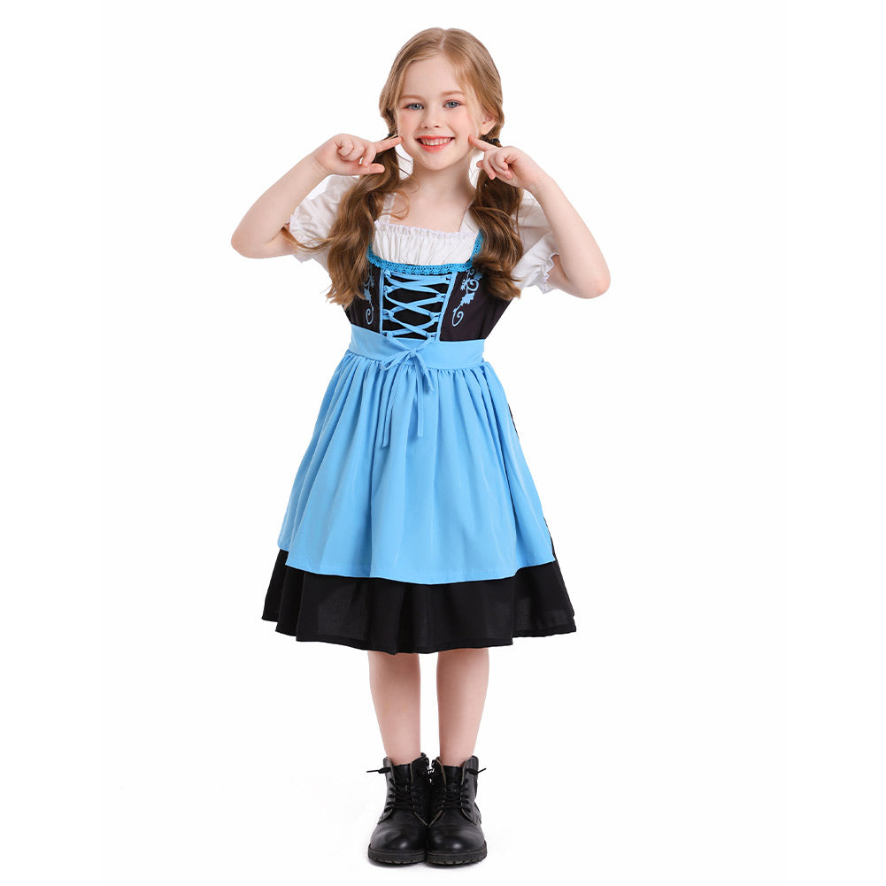 The Munich Oktoberfest Kids Girls Blue Short Sleeve Maid Dress Apron 2 Piece Set Cosplay Outfits Halloween Party Suit