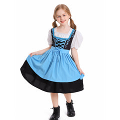 The Munich Oktoberfest Kids Girls Blue Short Sleeve Maid Dress Apron 2 Piece Set Cosplay Outfits Halloween Party Suit