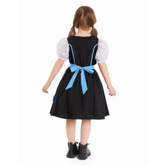 The Munich Oktoberfest Kids Girls Blue Short Sleeve Maid Dress Apron 2 Piece Set Cosplay Outfits Halloween Party Suit