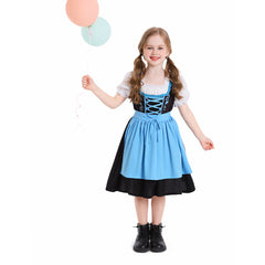 The Munich Oktoberfest Kids Girls Blue Short Sleeve Maid Dress Apron 2 Piece Set Cosplay Outfits Halloween Party Suit