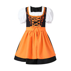 The Munich Oktoberfest Kids Girls Orange Maid Dress Apron 2 Piece Set Cosplay Outfits Halloween Party Suit