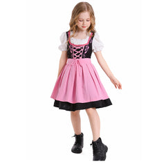 The Munich Oktoberfest Kids Girls Pink Short Sleeve Maid Dress Apron 2 Piece Set Cosplay Outfits Halloween Party Suit