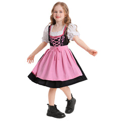 The Munich Oktoberfest Kids Girls Pink Short Sleeve Maid Dress Apron 2 Piece Set Cosplay Outfits Halloween Party Suit