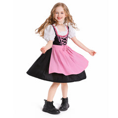 The Munich Oktoberfest Kids Girls Pink Short Sleeve Maid Dress Apron 2 Piece Set Cosplay Outfits Halloween Party Suit