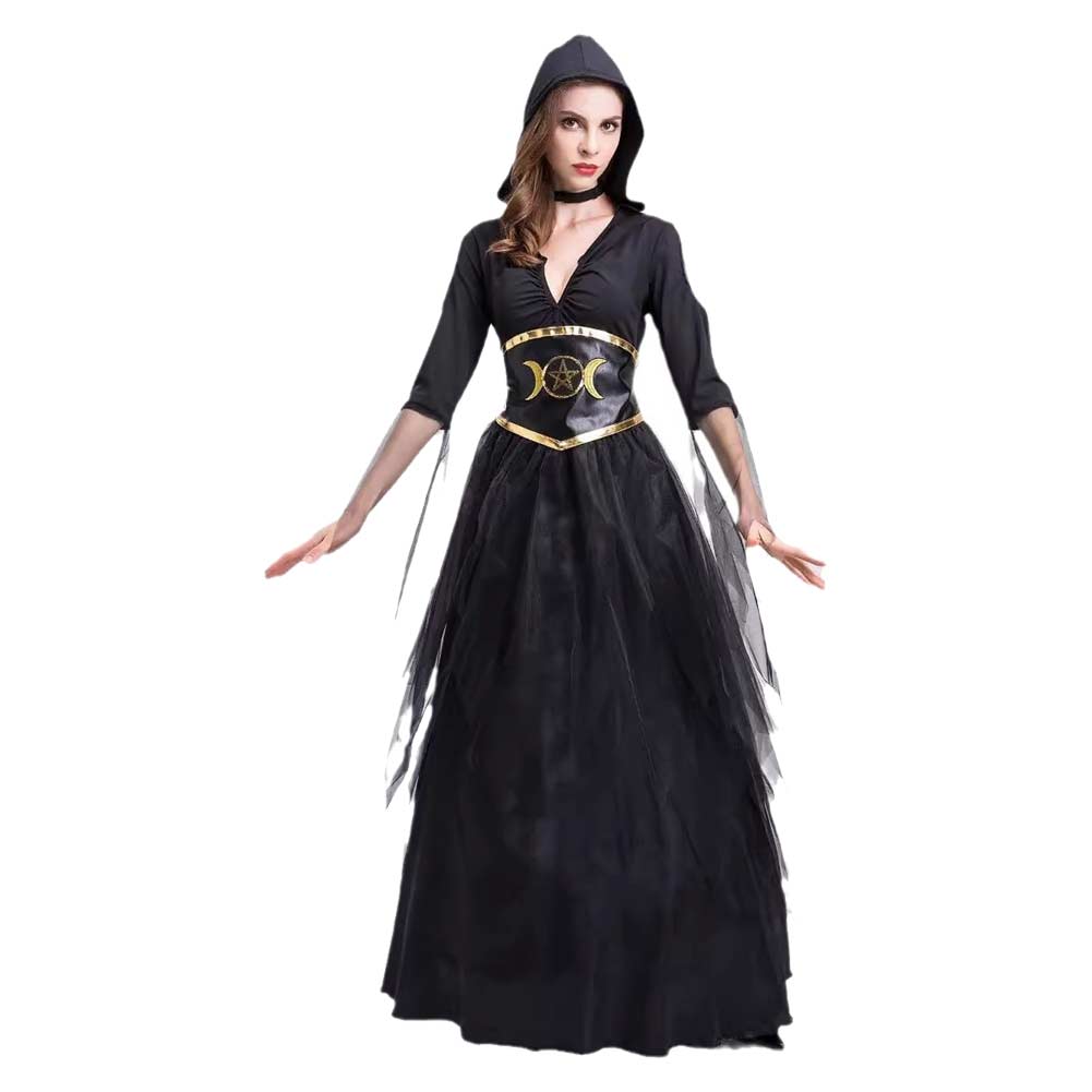 Vampire Ghost Death Witch V-neck Women Long Dress Cosplay Costume Outfits Halloween Carnival Suit