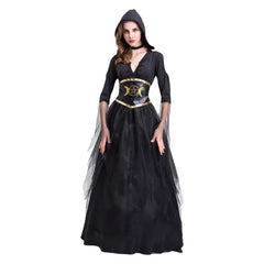 Vampire Ghost Death Witch V-neck Women Long Dress Cosplay Costume Outfits Halloween Carnival Suit