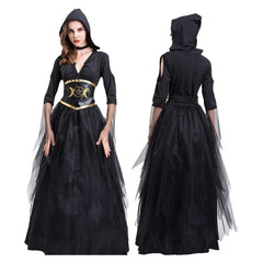 Vampire Ghost Death Witch V-neck Women Long Dress Cosplay Costume Outfits Halloween Carnival Suit