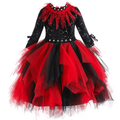 Vampire Witch Cosplay Red Mesh Dress For Kids Girls Outfits Halloween Party Suit