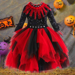 Vampire Witch Cosplay Red Mesh Dress For Kids Girls Outfits Halloween Party Suit