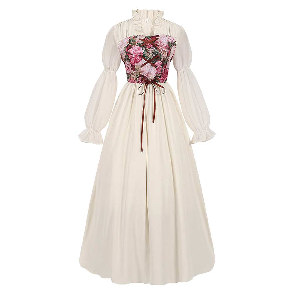 Vintage Palace Style Medieval Retro Beige Women Lace-up Floral Belt Dress Cosplay Costume Outfits Halloween Carnival Suit