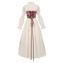 Vintage Palace Style Medieval Retro Beige Women Lace-up Floral Belt Dress Cosplay Costume Outfits Halloween Carnival Suit