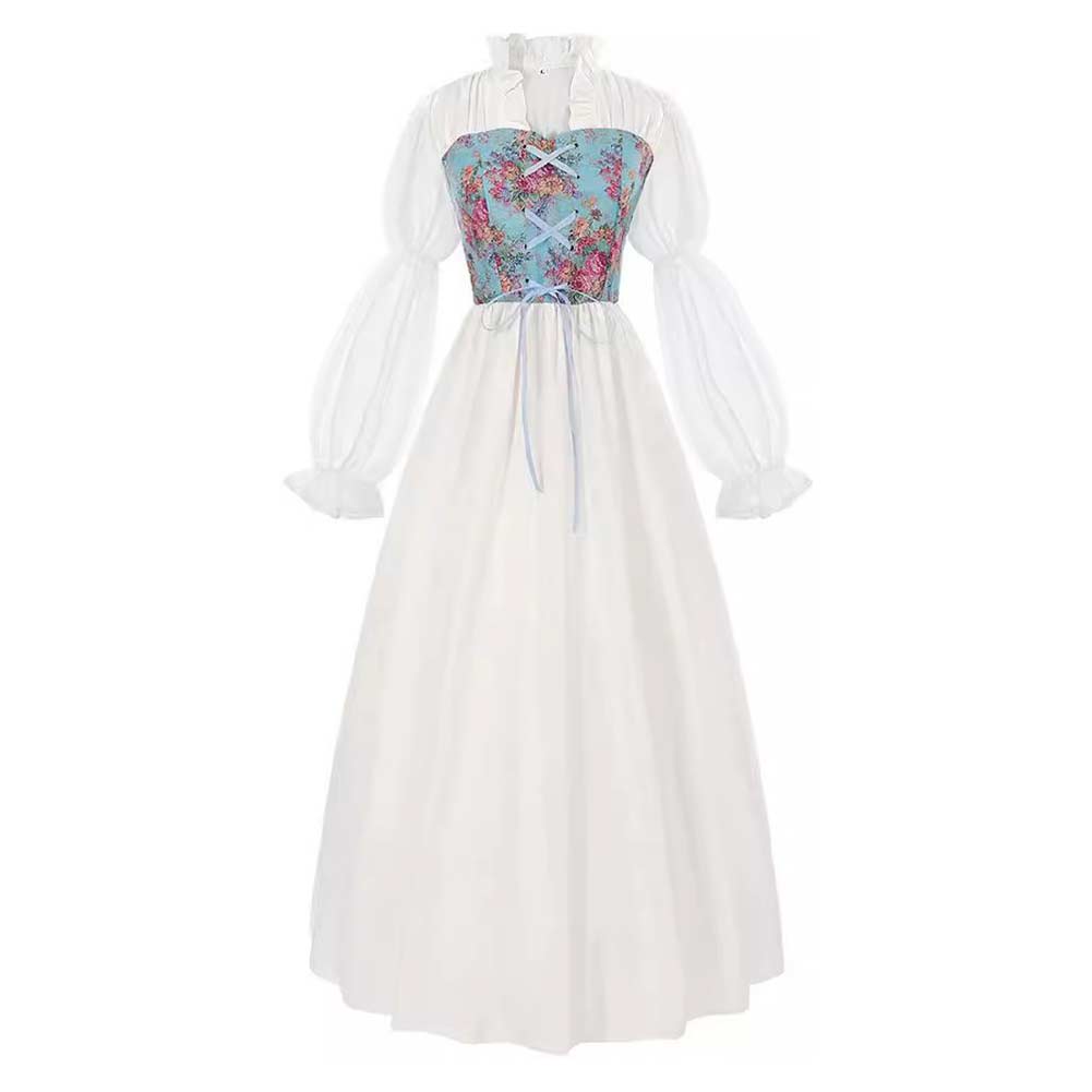 Vintage Palace Style Medieval Retro White Women Lace-up Floral Belt Dress Cosplay Costume Outfits Halloween Carnival Suit