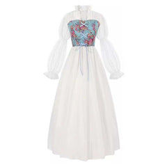 Vintage Palace Style Medieval Retro White Women Lace-up Floral Belt Dress Cosplay Costume Outfits Halloween Carnival Suit