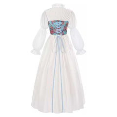 Vintage Palace Style Medieval Retro White Women Lace-up Floral Belt Dress Cosplay Costume Outfits Halloween Carnival Suit