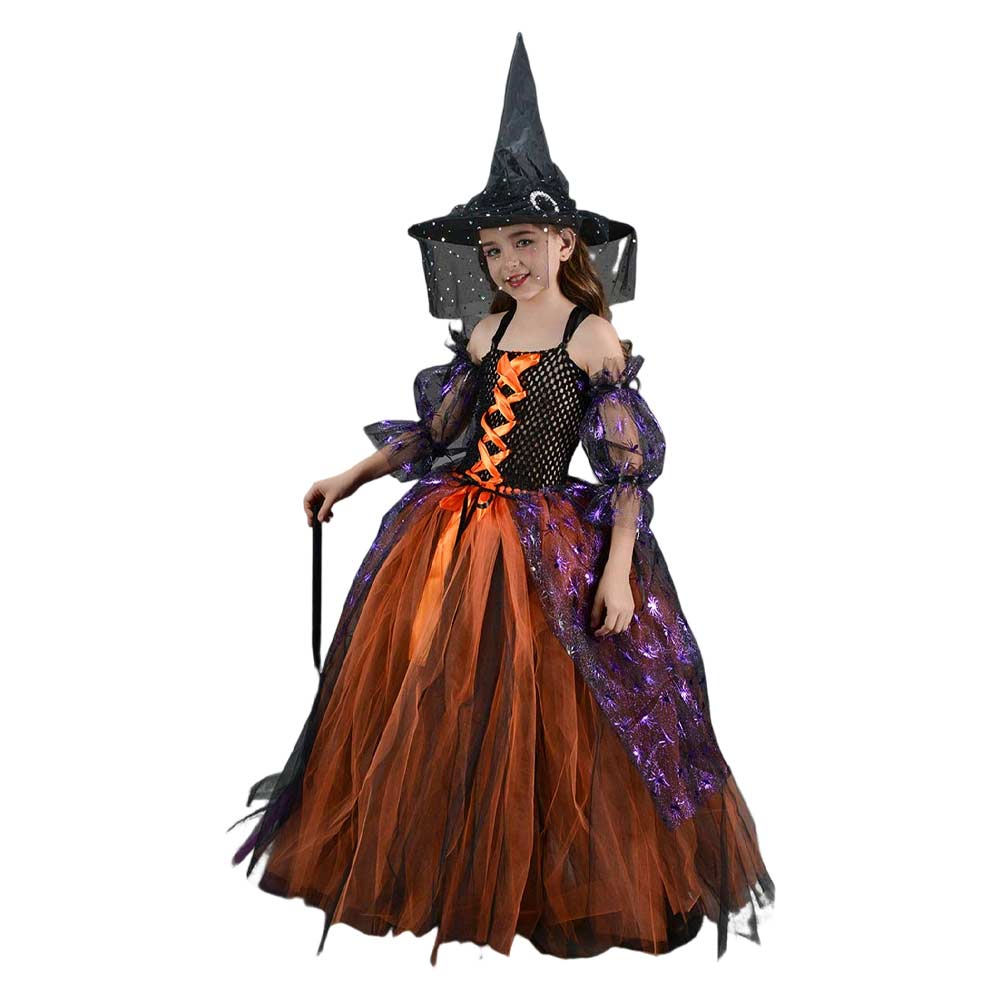 Witch Kids Little Girls 4 Piece Mesh Tutu Dress Set Cosplay Outfits Halloween Party Suit