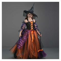 Witch Kids Little Girls 4 Piece Mesh Tutu Dress Set Cosplay Outfits Halloween Party Suit