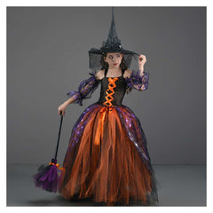 Witch Kids Little Girls 4 Piece Mesh Tutu Dress Set Cosplay Outfits Halloween Party Suit