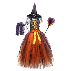 Witch Kids Little Girls 4 Piece Mesh Tutu Dress Set Cosplay Outfits Halloween Party Suit