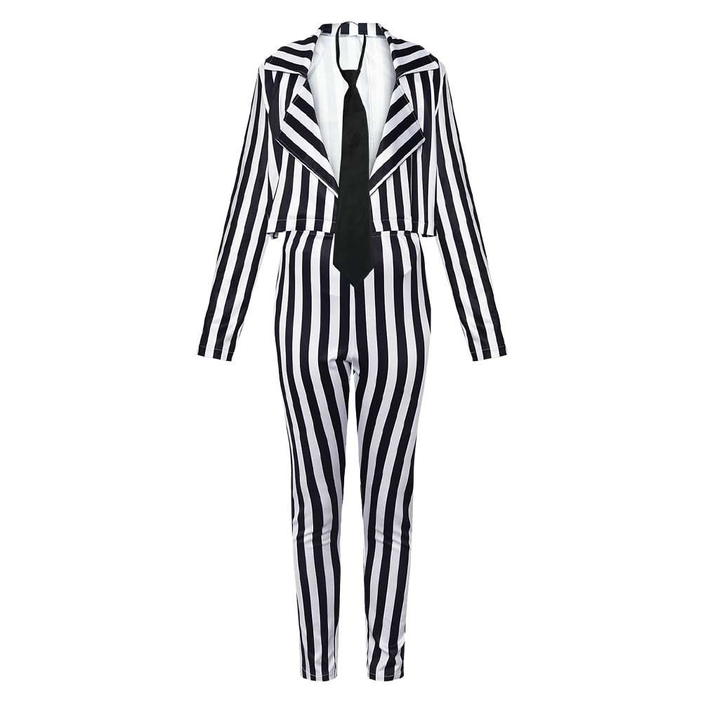 Women Black and White Vertical Striped Suit  Zombie Cosplay Costume Outfits Halloween Carnival Suit