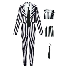 Women Black and White Vertical Striped Suit  Zombie Cosplay Costume Outfits Halloween Carnival Suit