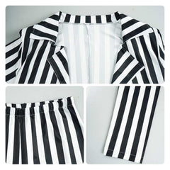 Women Black and White Vertical Striped Suit  Zombie Cosplay Costume Outfits Halloween Carnival Suit