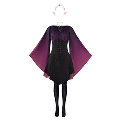 Women Elf Renaissance Purple Dress 7 Piece Set Cosplay Outfits Halloween Retro Party Suit