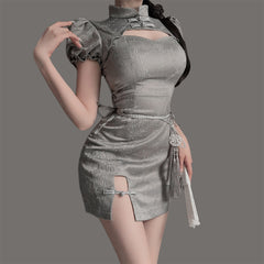 Women Japanese Split Grey Cheongsam Dress 2 Pieces Set Cosplay Outfits Halloween Carnival Suit