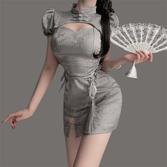 Women Japanese Split Grey Cheongsam Dress 2 Pieces Set Cosplay Outfits Halloween Carnival Suit