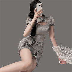 Women Japanese Split Grey Cheongsam Dress 2 Pieces Set Cosplay Outfits Halloween Carnival Suit