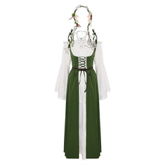 Women Ladies Renaissance Retro 6 Piece Set Green Dress Cosplay Costume Outfits Halloween Carnival Suit