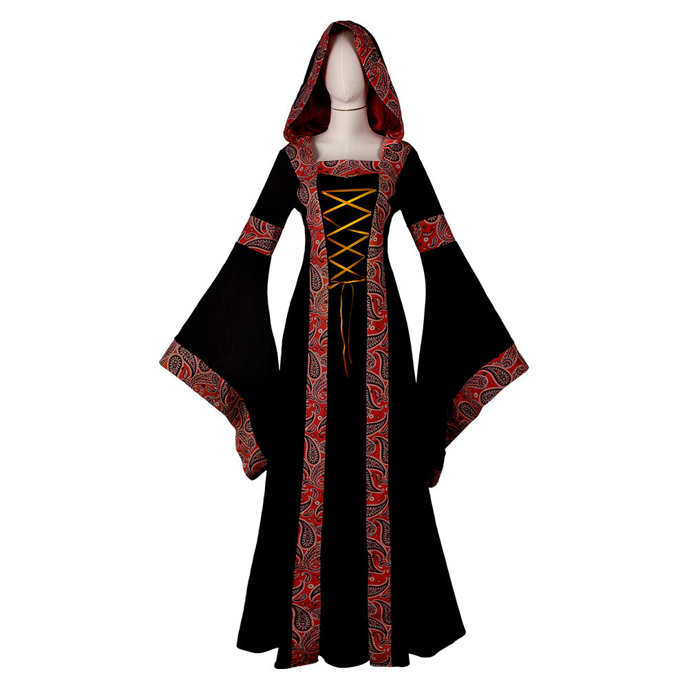 Women Renaissance Cashew Floral Printed Hooded Dress Cosplay Outfits Halloween Carnival Suit