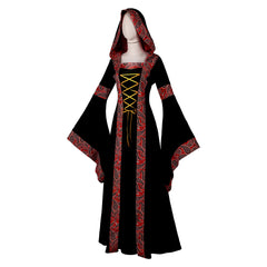 Women Renaissance Cashew Floral Printed Hooded Dress Cosplay Outfits Halloween Carnival Suit