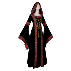 Women Renaissance Cashew Floral Printed Hooded Dress Cosplay Outfits Halloween Carnival Suit