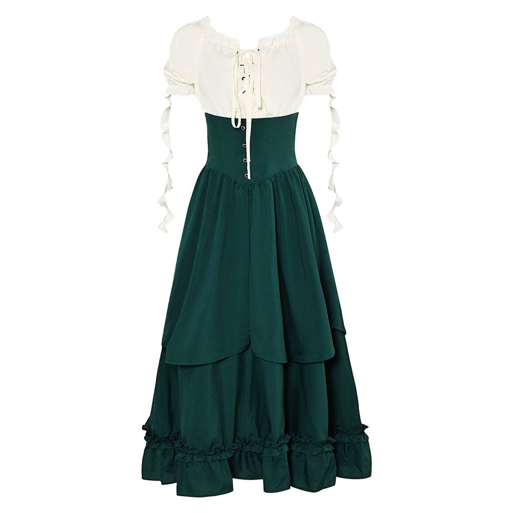 Women Renaissance Green Dress 2 Piece Set Halloween Party Suit Cosplay Outfits