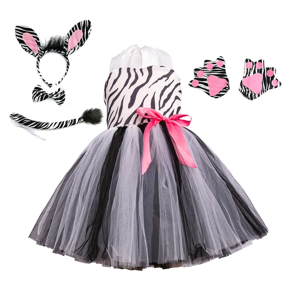 Zebra Kids Girls 5 Piece Tutu Mesh Grey Dress Set Cosplay Costume Outfits Halloween Carnival Suit