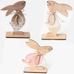 3pcs Easter Decorations Wooden Bunny Eggs with Bow Tie Cute Standing Rabbit Easter Wood Crafts Ornaments - INSWEAR