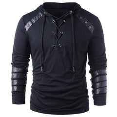 Men Gothic Steampunk Hoodie with Leather Straps Long Sleeve Lace up Hooded Pullover Sweatshirt - INSWEAR