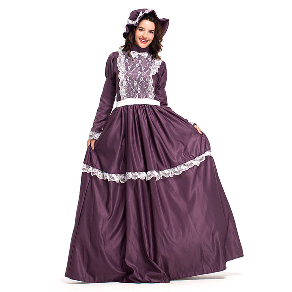 Women American Pioneer Colonial Dress Prairie Costume with Bonnet - INSWEAR