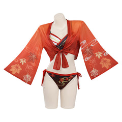 Women Genshin Impact Kaedehara Kazuha Cosplay Two Piece Swimsuit with Sheer Kimono Cardigan Cover Up - INSWEAR
